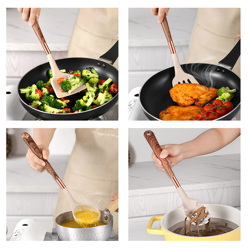 Set of 10 American Smart wooden handle kitchen utensils with silicone tips for cooking and baking, including spoons, spatulas, and turners.