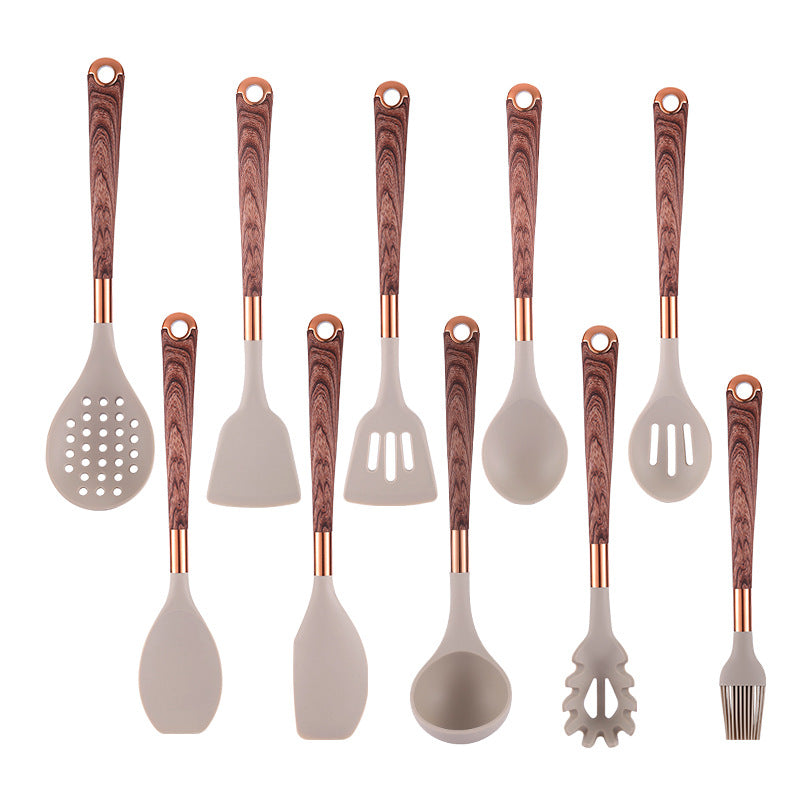 Set of 10 kitchen tools with wooden handles and silicone heads, includes spoons, spatulas, and turners for cooking and baking.