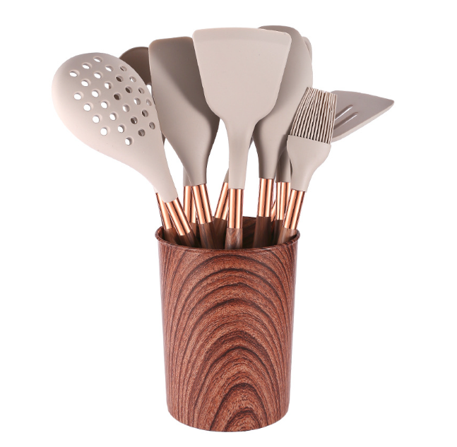 10-piece kitchen tools set with wooden handles and silicone cooking utensils, including spatulas, spoons, and turners.
