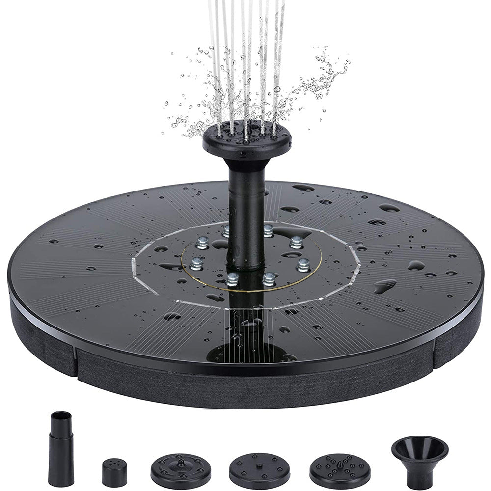 Outdoor solar fountain by American Smart with floating water jets, built-in lights, ideal for bird baths and garden pond decoration.