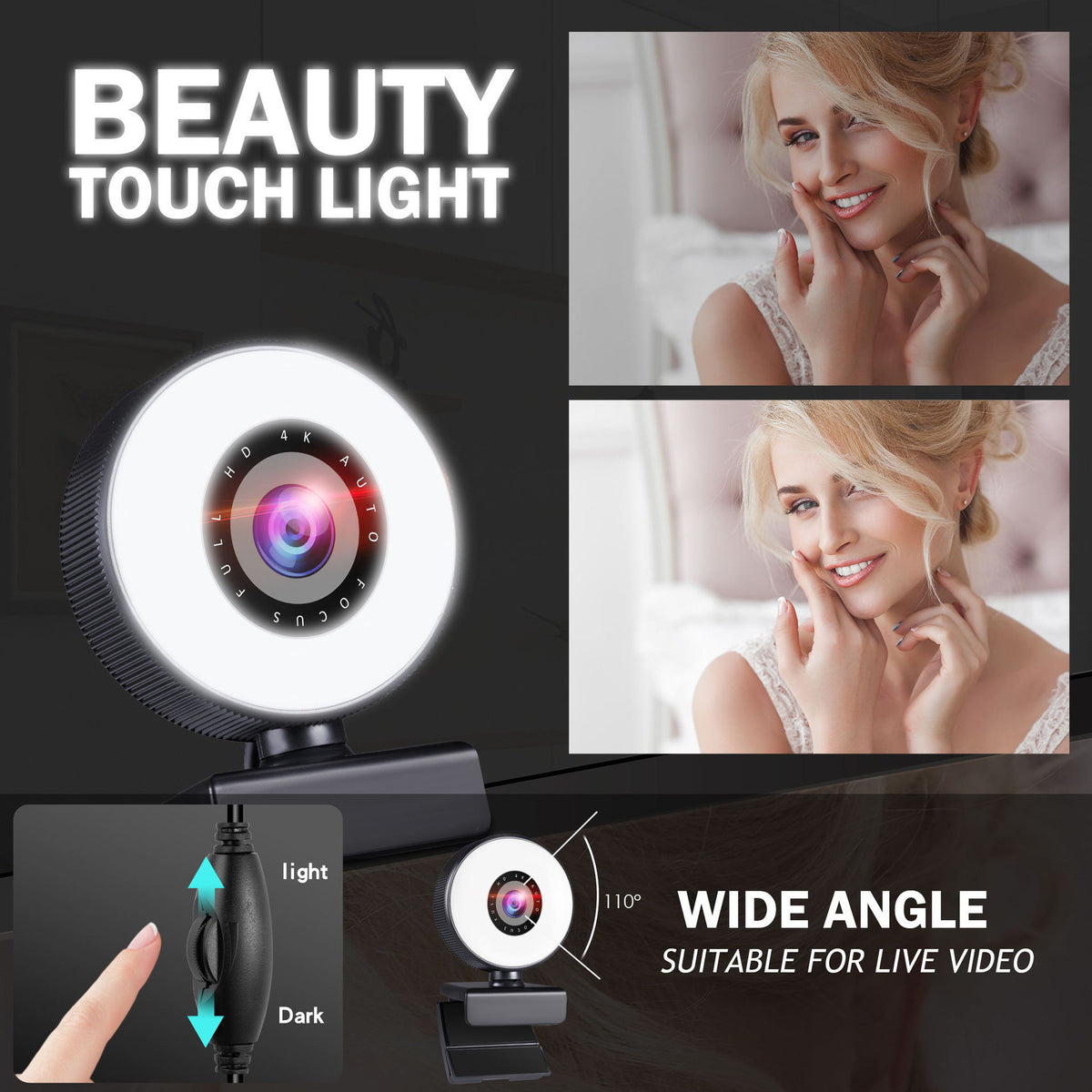 American Smart EP 4K beauty autofocus webcam with 1080p HD video, fill light, touch controls, ideal for live streaming and video calls.