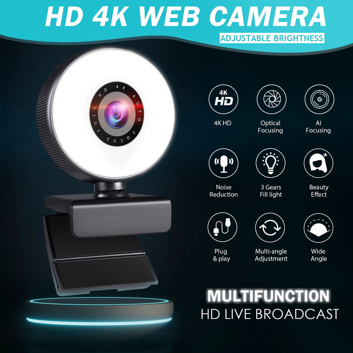 American Smart 4K beauty autofocus webcam with 1080p HD video, USB live streaming, and built-in fill light for clear online video calls.