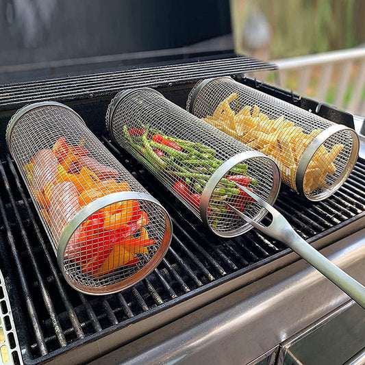 Stainless steel outdoor camping BBQ drum grilling basket by American Smart - EP, ideal for campfire cooking and picnic grilling.