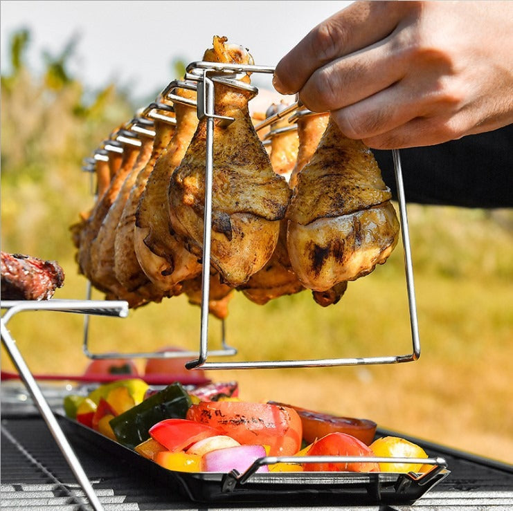 Folding stainless steel grilled chicken leg rack with bottom tray for BBQ, American Smart EP brand, designed for easy grilling and carrying