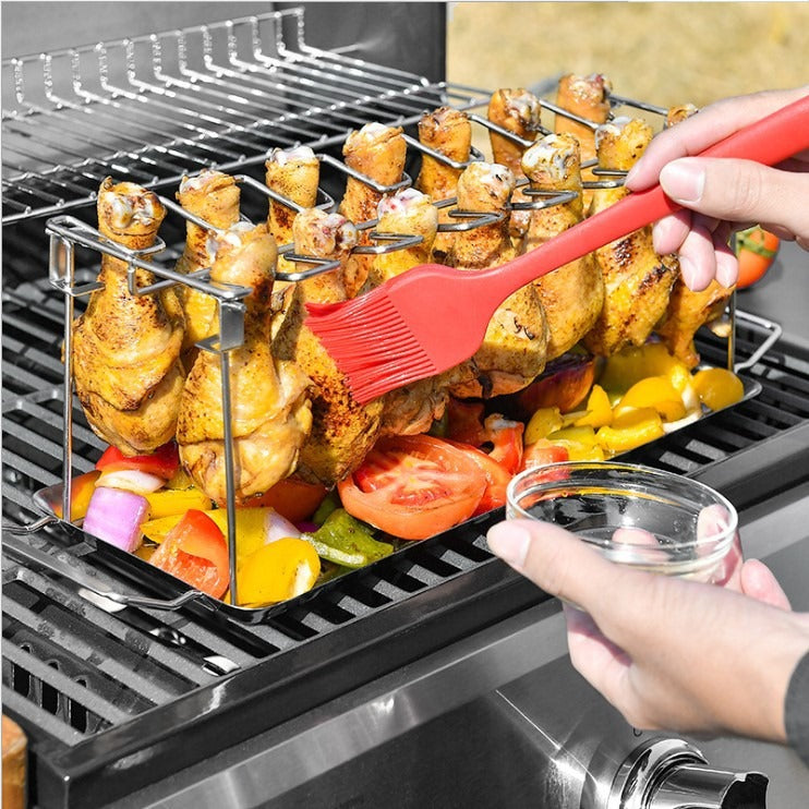 Folding stainless steel grilled chicken leg rack with bottom tray for BBQ, American Smart - EP, used for grilling chicken on a BBQ grill