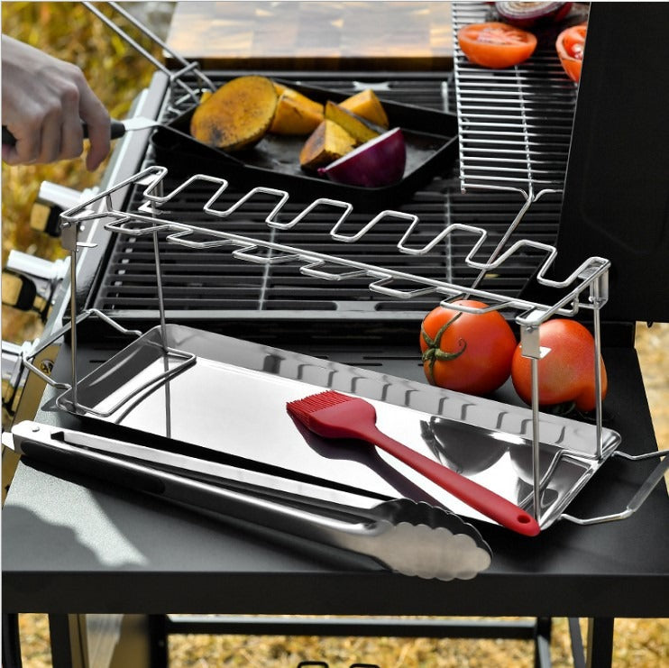 Folding stainless steel grilled chicken leg rack with bottom tray for BBQ, American Smart EP grill accessory, ready for cooking.