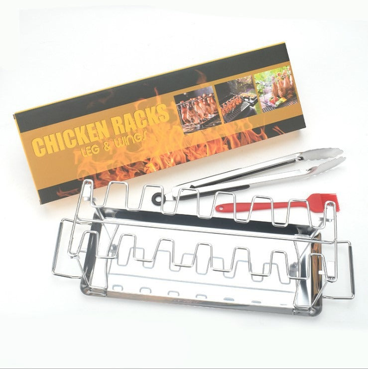 Stainless steel folding grilled chicken leg rack by American Smart EP with bottom tray for BBQ grilling and easy portability