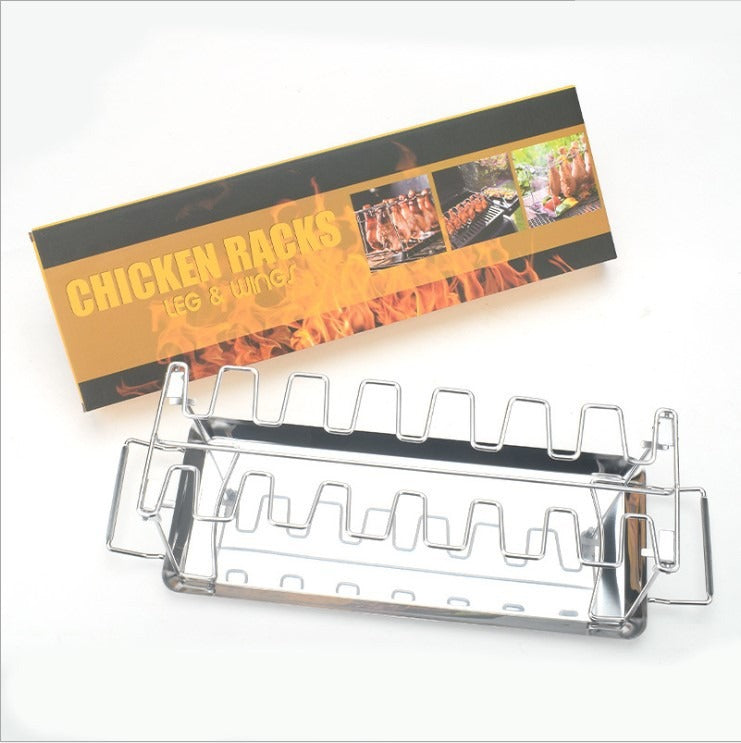 Folding stainless steel grilled chicken leg rack by American Smart EP with bottom tray for BBQ grilling and easy carry.