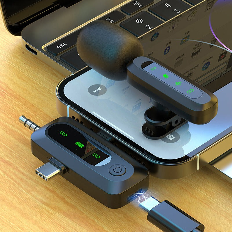Wireless lavalier microphone from American Smart EP, featuring three-in-one interface and noise reduction for clear sound recording.