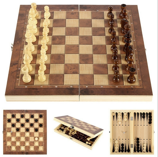 Portable wooden 3-in-1 chess, checkers, and backgammon set with carry case and chess pieces by American Smart EP.