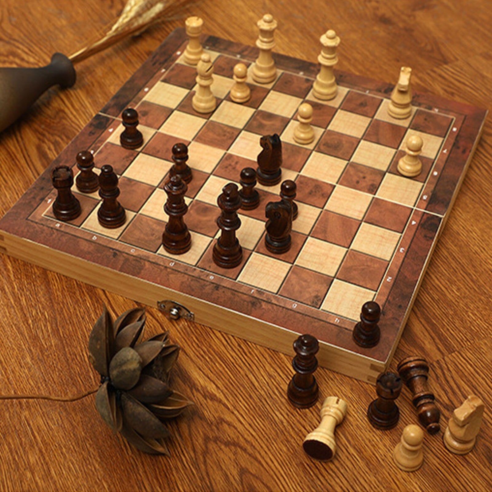Portable wooden 3-in-1 chess, checkers, and backgammon set with chess pieces and carrying case by American Smart EP.