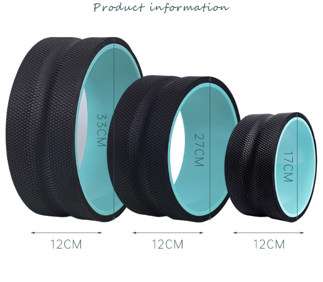 Set of three EVA yoga wheels, including massage stick and Pilates abdominal wheel, used for back bends and yoga practice.