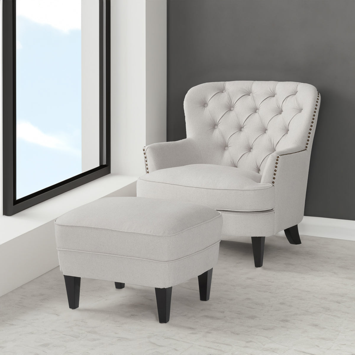 Modern light grey fabric club chair and ottoman set by American Smart, stylish cushioned armchair with matching ottoman.