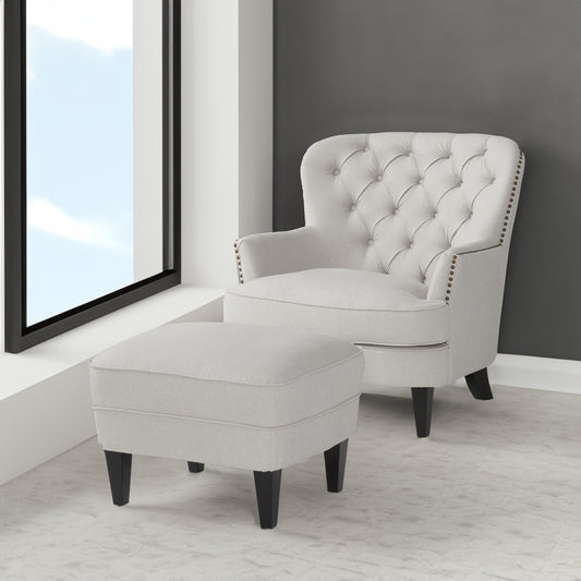 Modern light grey fabric club chair and ottoman set by American Smart, stylish cushioned armchair with matching ottoman.