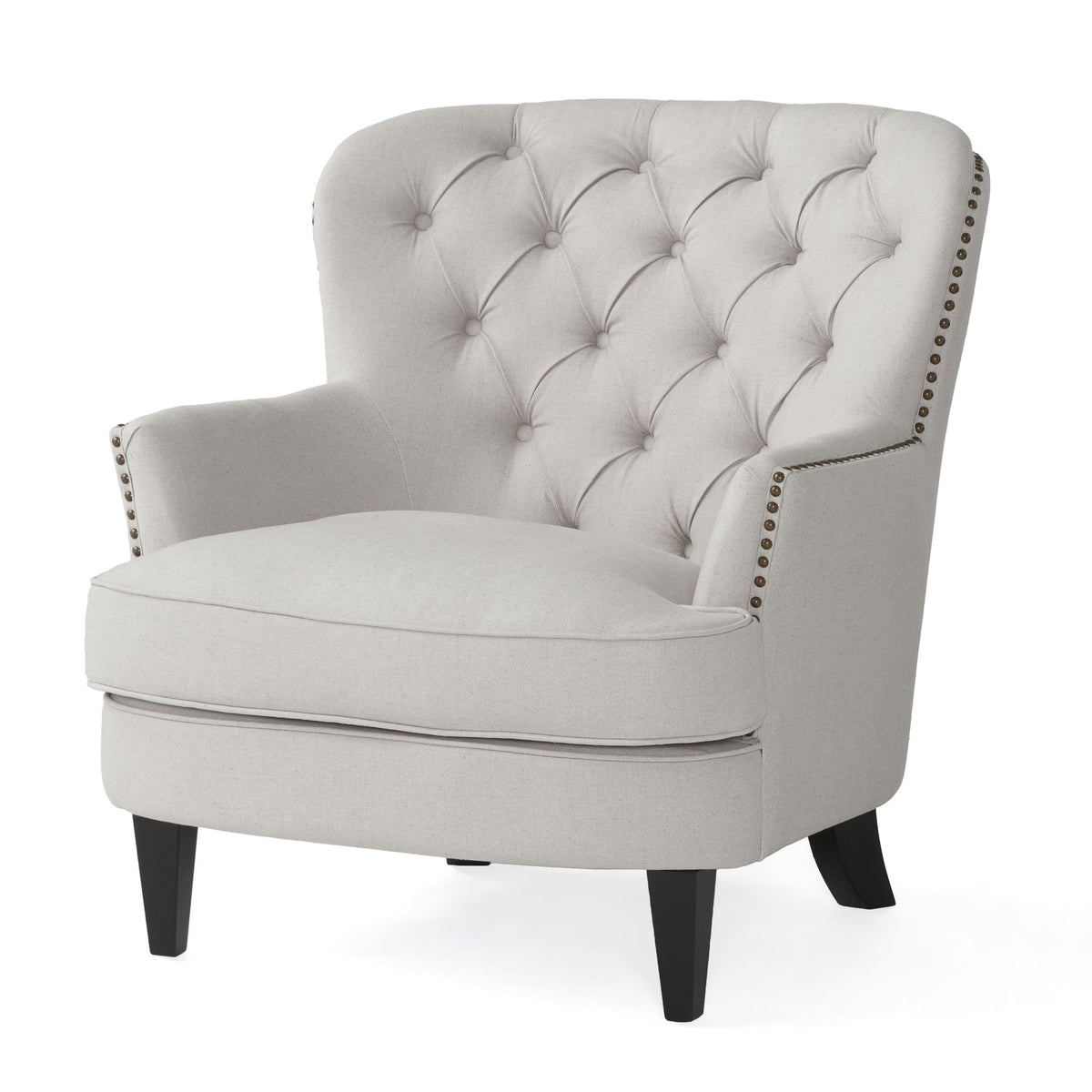 Modern light grey fabric club chair with matching cushioned ottoman, stylish armchair set by American Smart - EP.