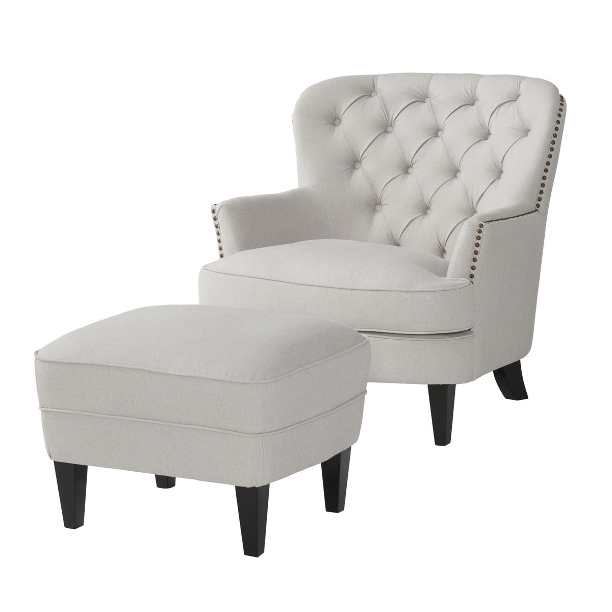 Modern light grey fabric club chair with cushioned arms and matching ottoman, stylish seating set by American Smart - EP