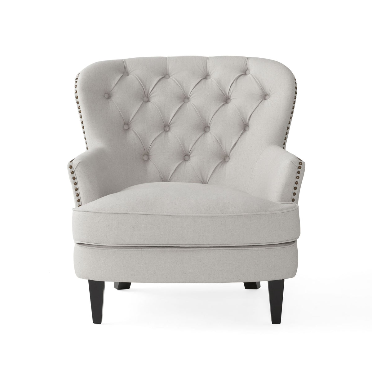 Light grey fabric club chair and matching Ottoman by American Smart, stylish cushioned armchair set for modern living spaces.