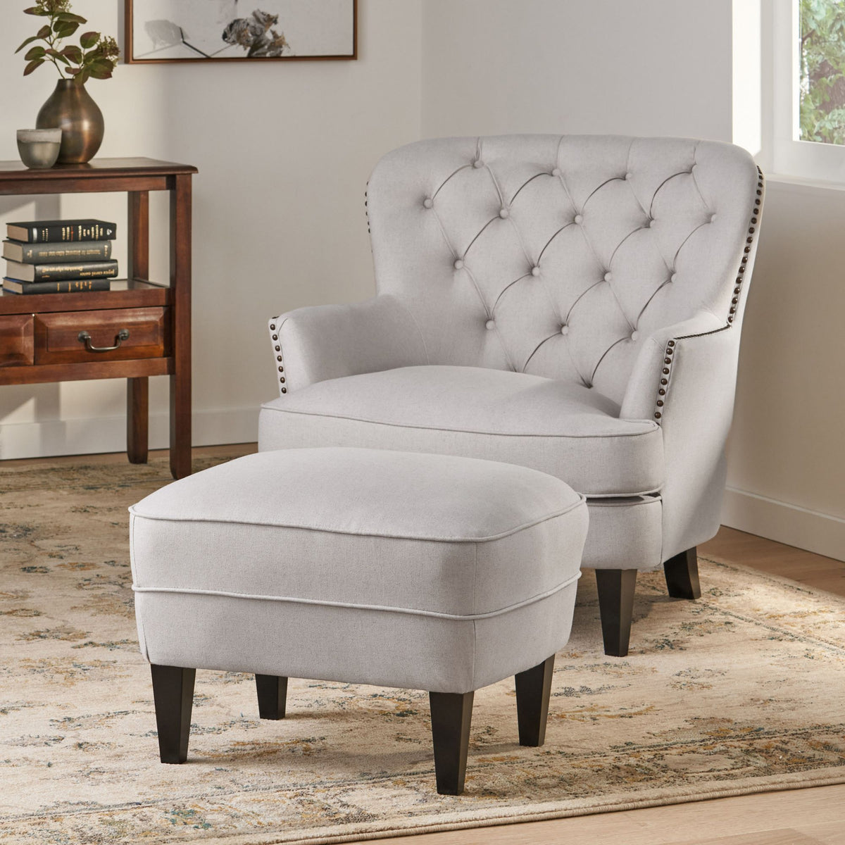 Modern light grey fabric club chair and ottoman set by American Smart, stylish cushioned armchair with matching ottoman for living room.