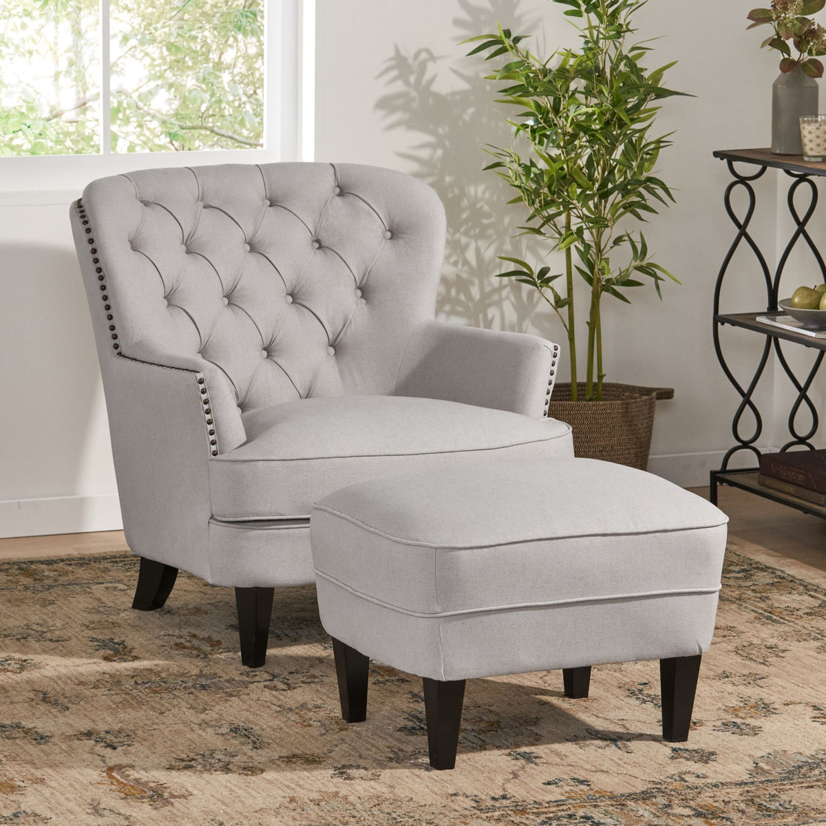 Modern light grey fabric club chair and ottoman set by American Smart, stylish cushioned armchair with matching ottoman for living room decor.