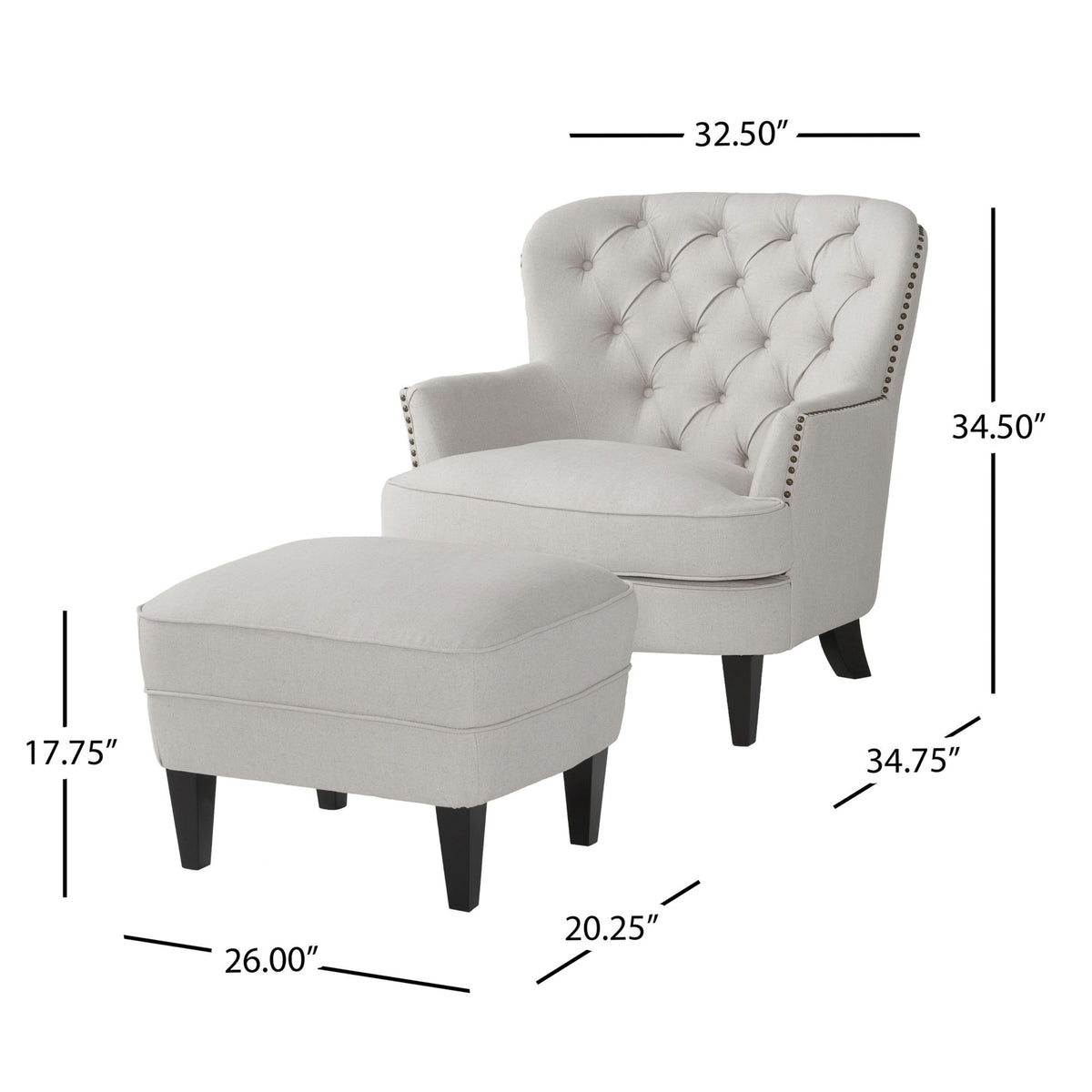 Modern light grey fabric club chair and ottoman set by American Smart, stylish cushioned armchair with matching ottoman for living room decor