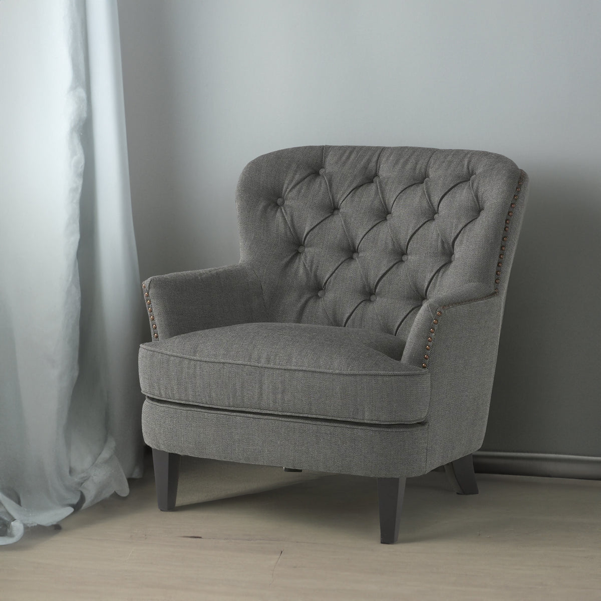 Modern grey fabric club chair with matching Ottoman from American Smart, stylish cushioned armchair and ottoman set.