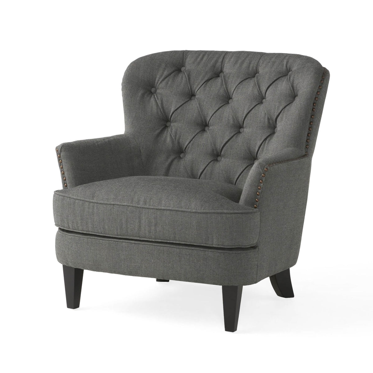 Modern grey fabric club chair with matching ottoman, stylish cushioned armchair set by American Smart - EP.
