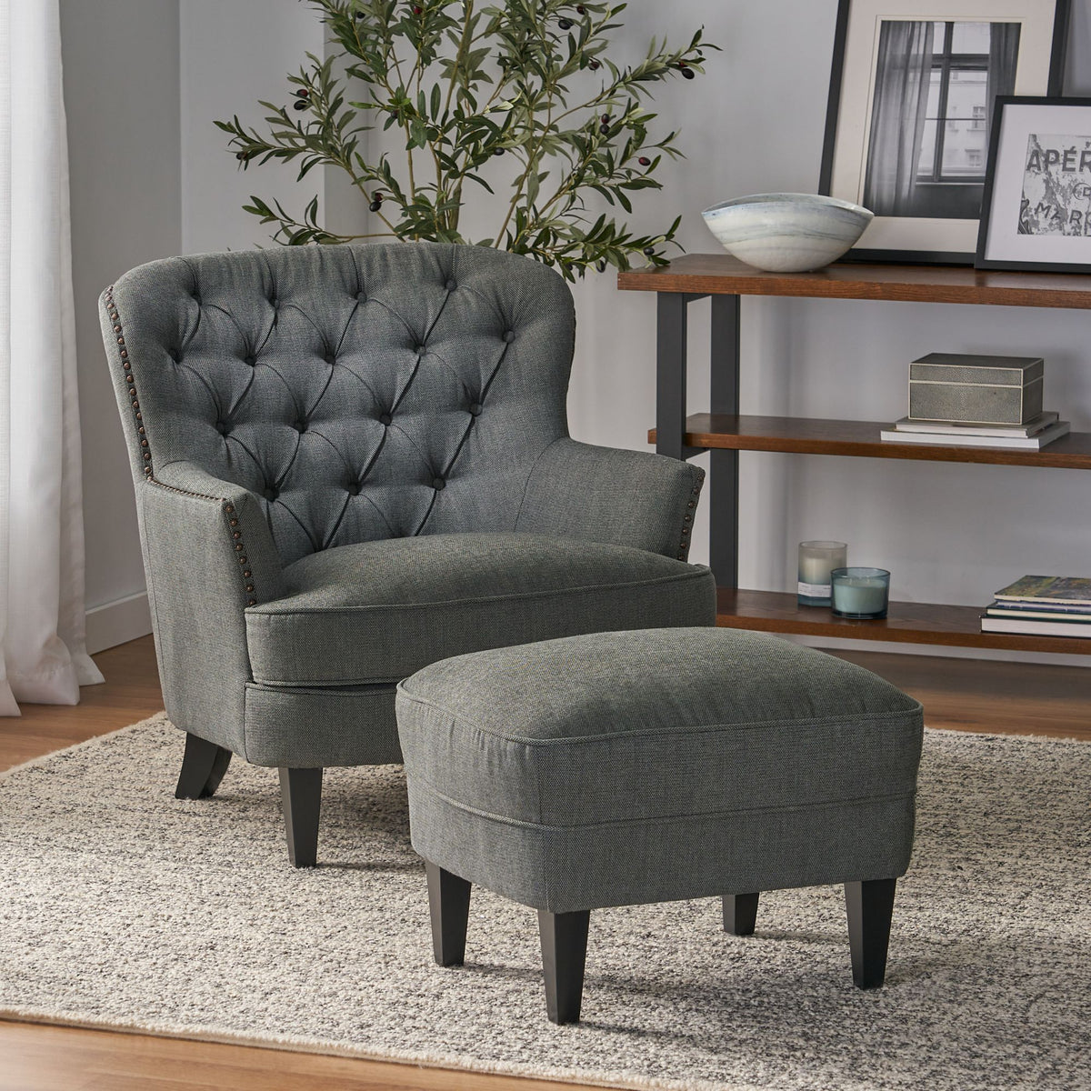 Modern grey fabric club chair with matching cushioned ottoman, stylish armchair and Ottoman set by American Smart EP.