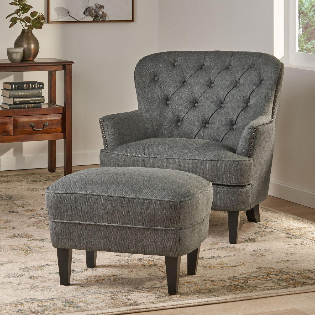 Modern grey fabric club chair and ottoman set with cushioned armchair and matching ottoman from American Smart - EP.