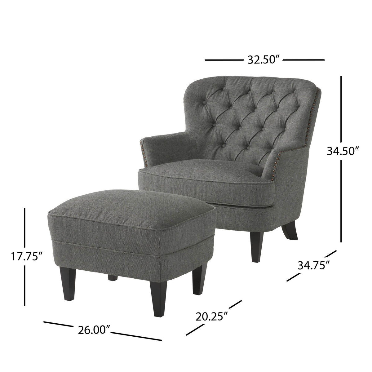 Modern grey fabric club chair and ottoman set by American Smart, stylish cushioned armchair with matching ottoman for living room decor.