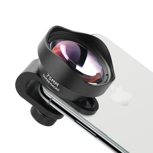 HD 75mm macro telephoto lens for mobile phones by American Smart EP, shown attached to a smartphone for detailed close-up photography.