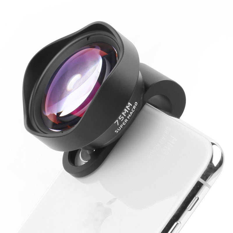 HD 75mm macro telephoto lens for mobile phones by American Smart - EP, showing the lens attached to a smartphone for detailed close-up shots.