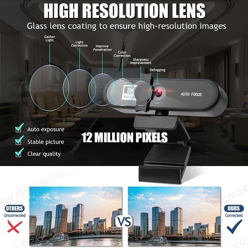American Smart 4K webcam with auto focus, 1080p resolution, USB connection, and live streaming capabilities.