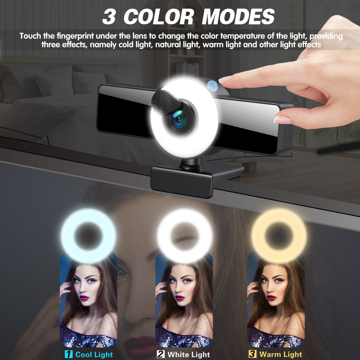 American Smart 4K webcam with autofocus, 1080p HD video, high-quality audio, USB connection, and built-in fill light for live streaming.