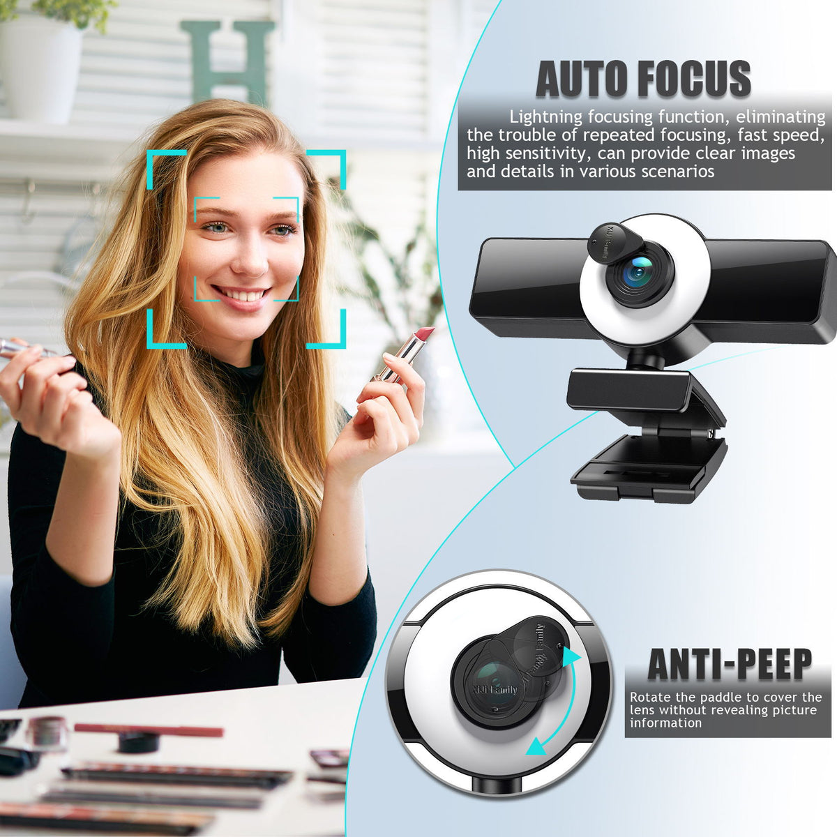 American Smart 4K beauty autofocus webcam with 1080p HD video, high-definition audio, fill light, and USB for live streaming.