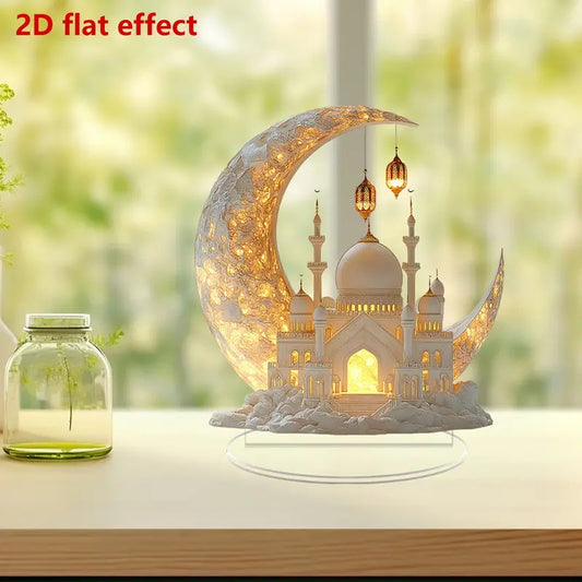 Acrylic 2025 Ramadan 2D moon ornament with castle design, ideal for Eid al-Fitr decorations and Muslim home celebrations.