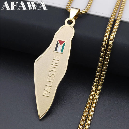 Gold-colored stainless steel necklace featuring a Palestine map and national flag pendant, jewelry for men and women.