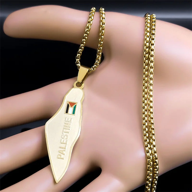 Gold-colored stainless steel necklace featuring a Palestine map and national flag design for women and men.