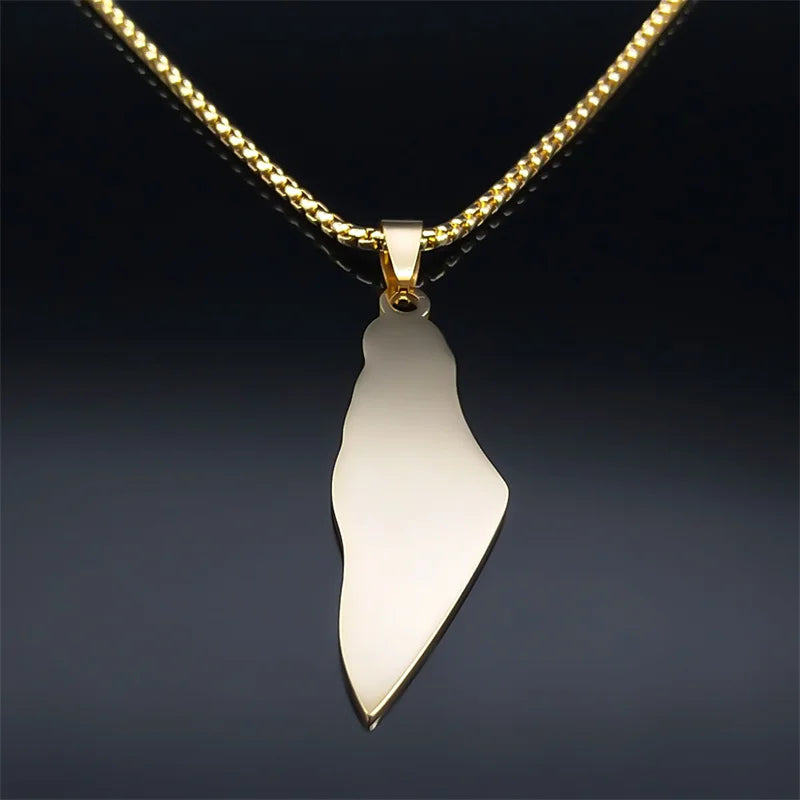 Gold-colored Palestine map flag necklace with stainless steel chain, featuring the Palestinian flag and country outline jewelry for women and men.