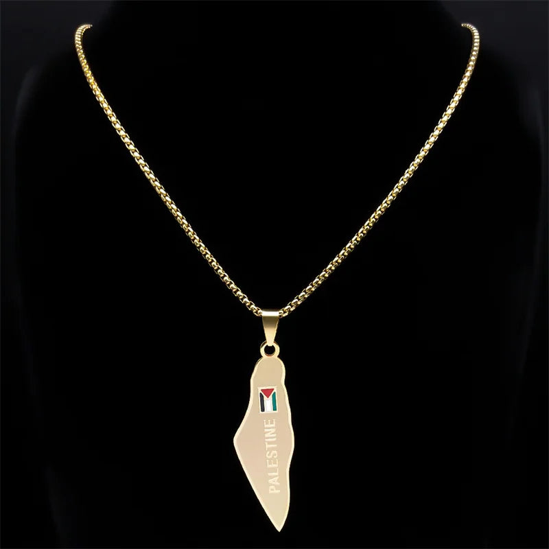 Gold-colored stainless steel Palestine map flag necklace featuring country outline and Jewish symbols, worn as jewelry for men and women.