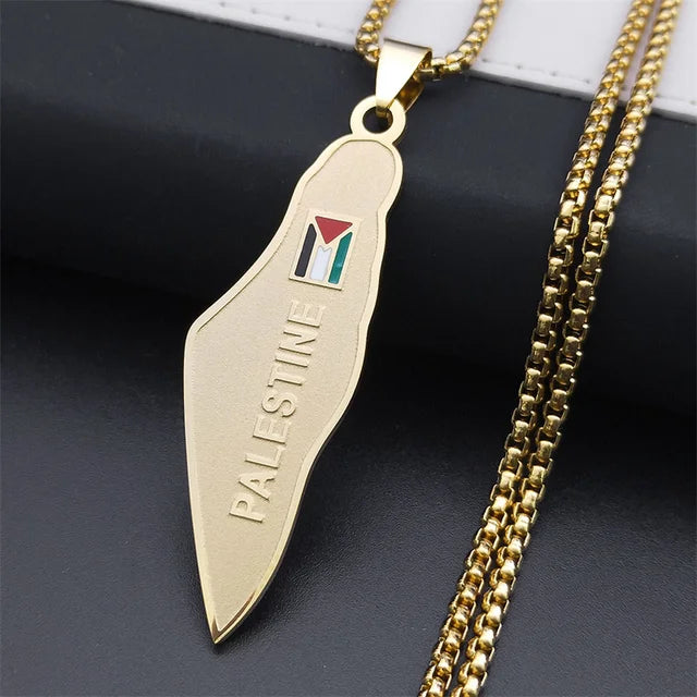 Gold-colored stainless steel necklace featuring a Palestine map and national flag pendant, jewelry for men and women.
