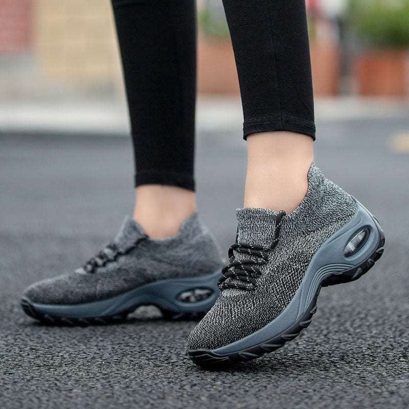 Black woven high heel platform sneakers for women by American Smart - EP, designed for casual outdoor walking and stylish comfort.