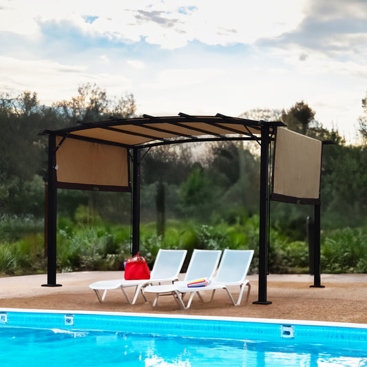 12x9 ft outdoor pergola with steel frame and retractable shade canopy, ideal for garden patio sun shelter.