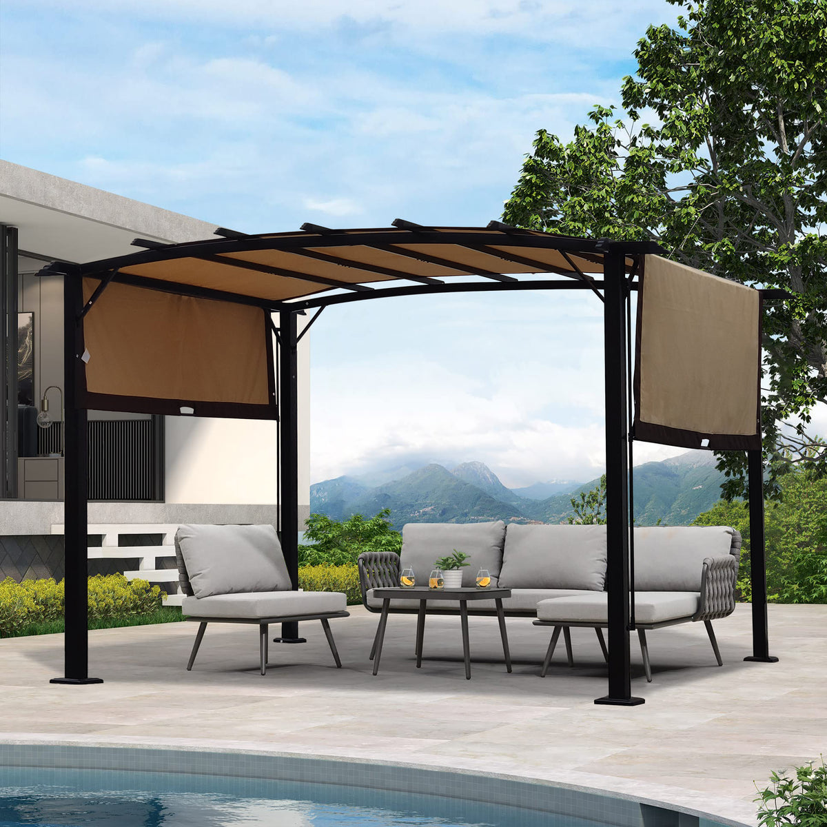 12 x 9 ft outdoor steel frame pergola with retractable shade canopy, ideal for gardens and patios, American Smart EP grape gazebo