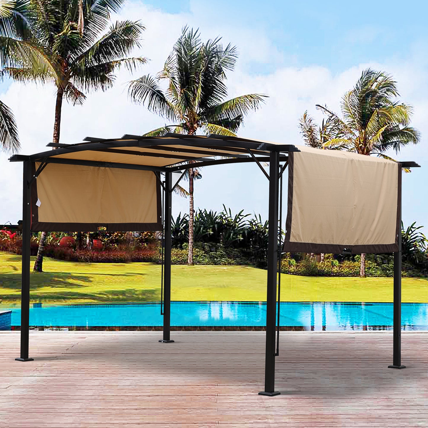 Outdoor 12x9 ft American Smart EP pergola with retractable shade canopy, steel frame, ideal for garden patios and sun shelter.