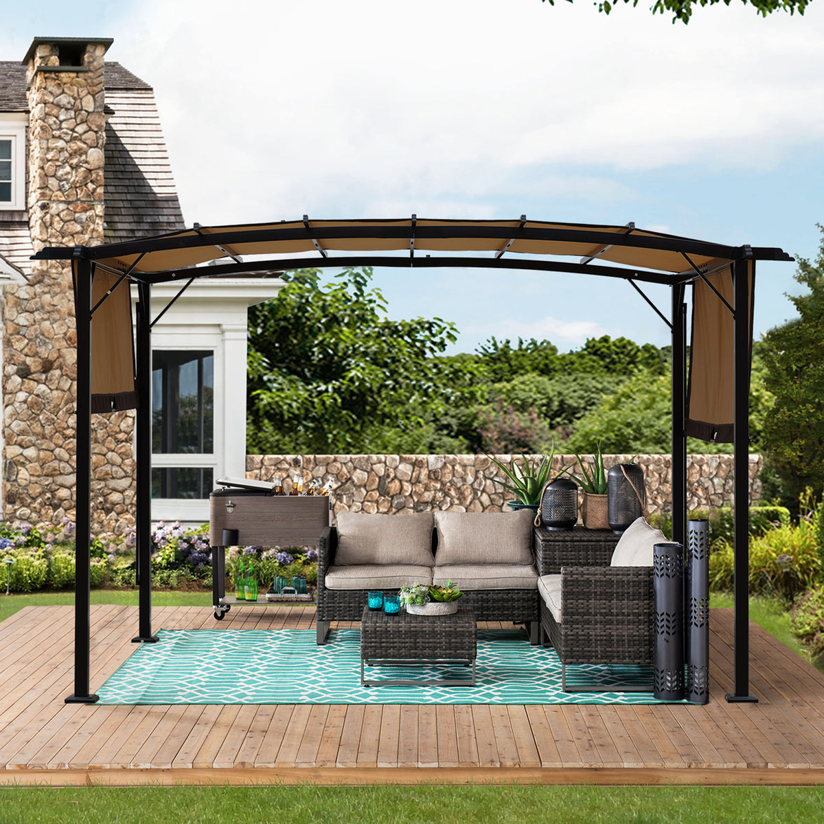 12x9 ft outdoor pergola gazebo with retractable shade canopy, steel frame, ideal for gardens and patios.