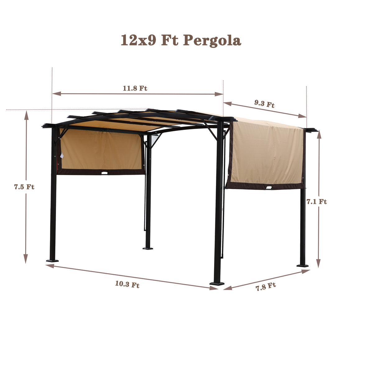 12 x 9 ft outdoor pergola gazebo with steel frame and retractable shade canopy, ideal for gardens and patio sun shelter.
