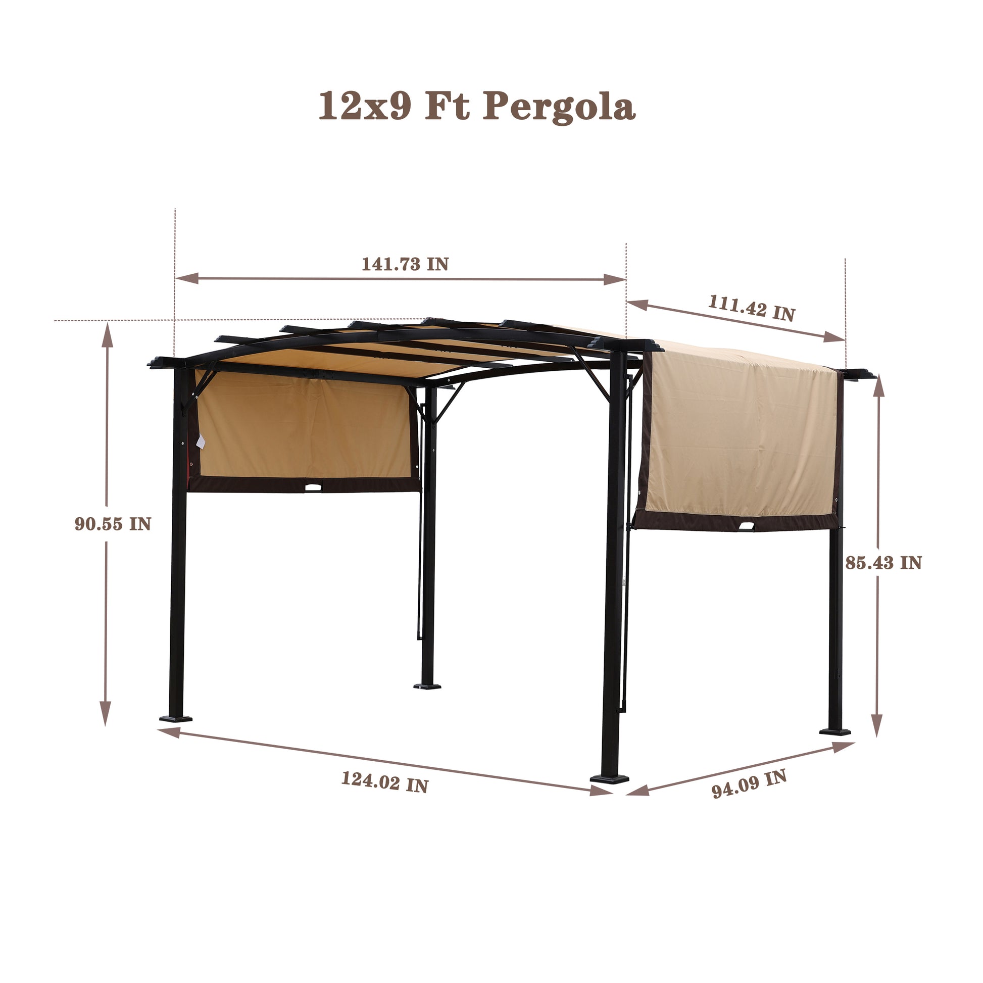 12 x 9 ft outdoor pergola with steel frame and retractable shade canopy, ideal for gardens and patio sun shelter.
