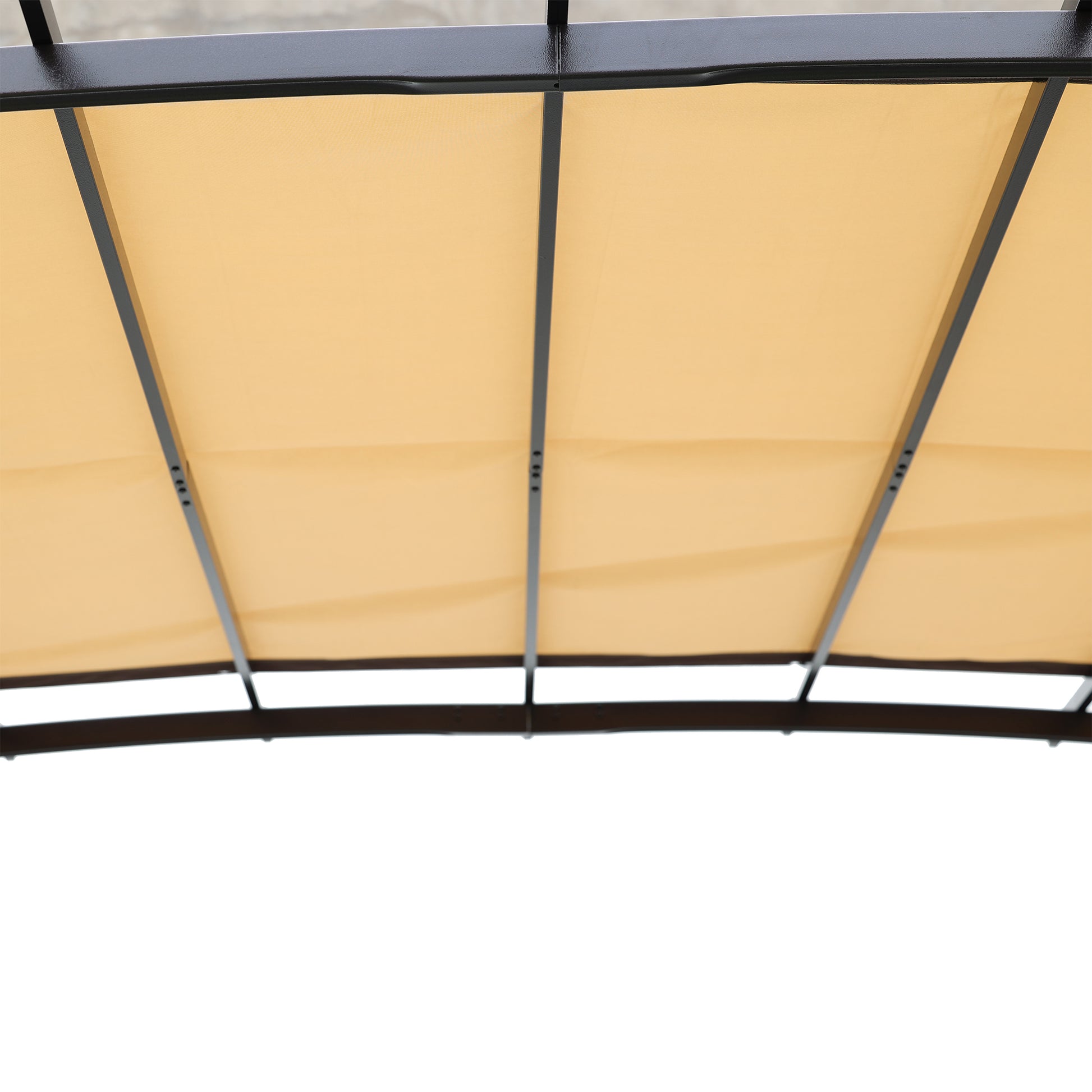 Steel-framed 12x9 ft outdoor pergola with retractable shade canopy for garden patios, providing sun shelter and stylish outdoor space.