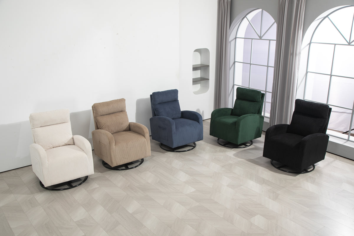 American Smart JiaDa upholstered swivel glider nursery chair with beige flannel fabric, modern style, rocking motion, one left in stock.