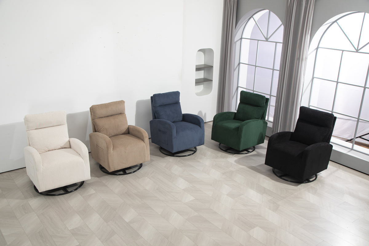 American Smart JiaDa upholstered swivel glider nursery rocking chair in beige flannel fabric with modern style.